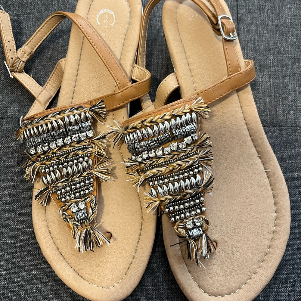 Cato Tan and Silver Beaded Sandals